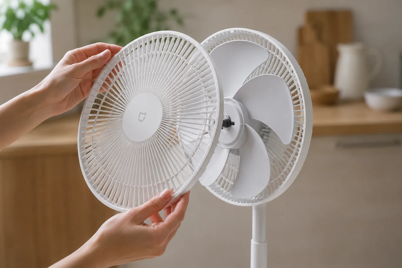 Deux mains détachent la grille avant du ventilateur pour accéder à l'hélice