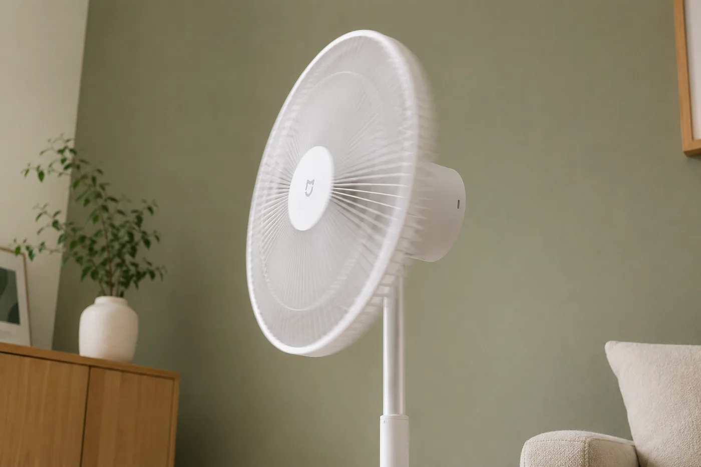 Gros plan sur la tête inclinée du ventilateur devant un mur vert