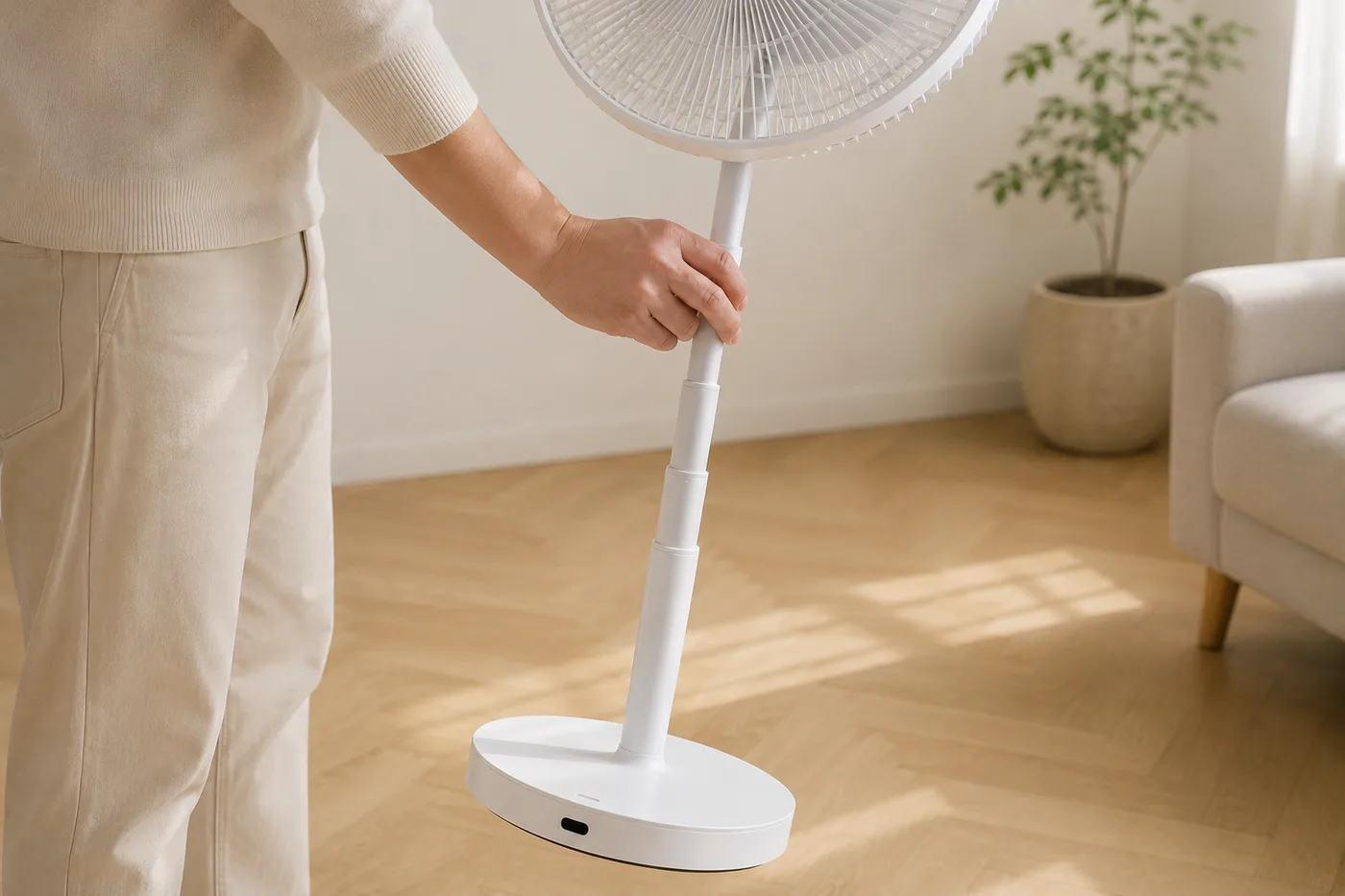 Une main règle la hauteur du ventilateur en tenant le mât télescopique