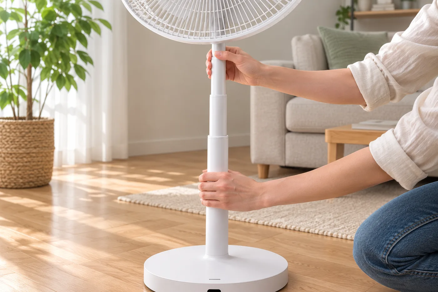 Une personne accroupie déploie à deux mains le mât télescopique du ventilateur sur pied Aermio dans un salon