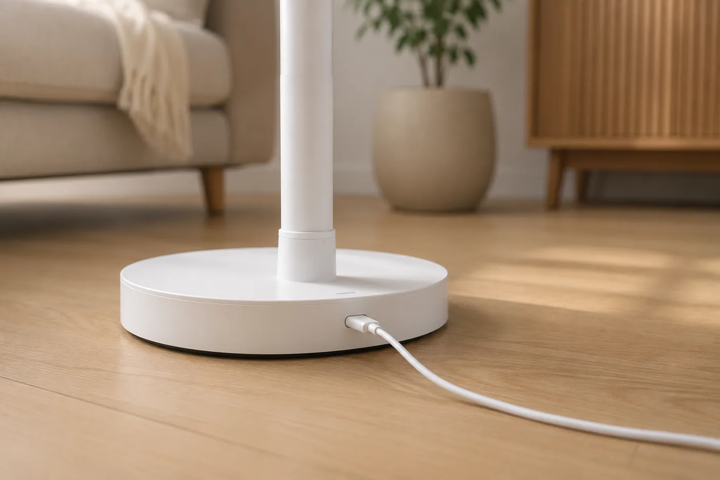 Le socle du ventilateur posé sur un parquet, son câble d'alimentation branché