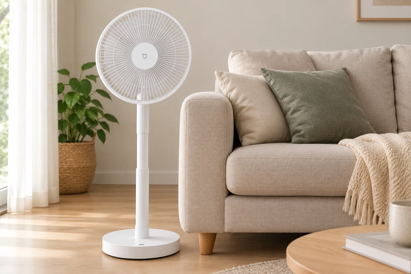Ventilateur sur pied blanc déployé près d'un canapé beige, dans un salon lumineux avec une plante verte