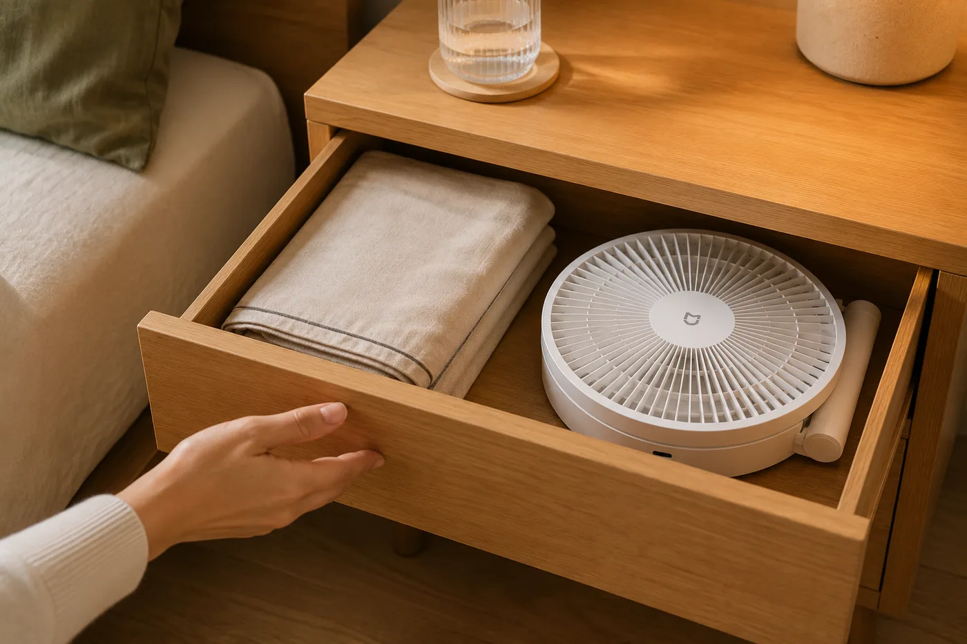 Le ventilateur replié rangé à plat dans un tiroir en bois, à côté de linge plié