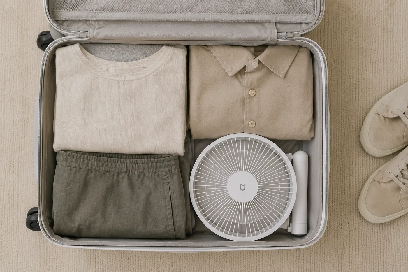 Le ventilateur replié glissé dans une valise ouverte, entre des vêtements pliés