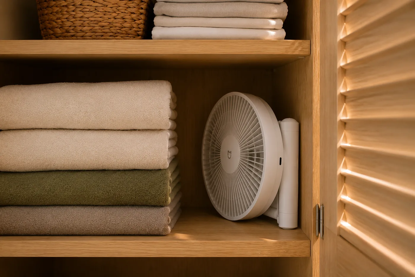 Le ventilateur replié rangé dans une armoire, posé à côté de piles de linge