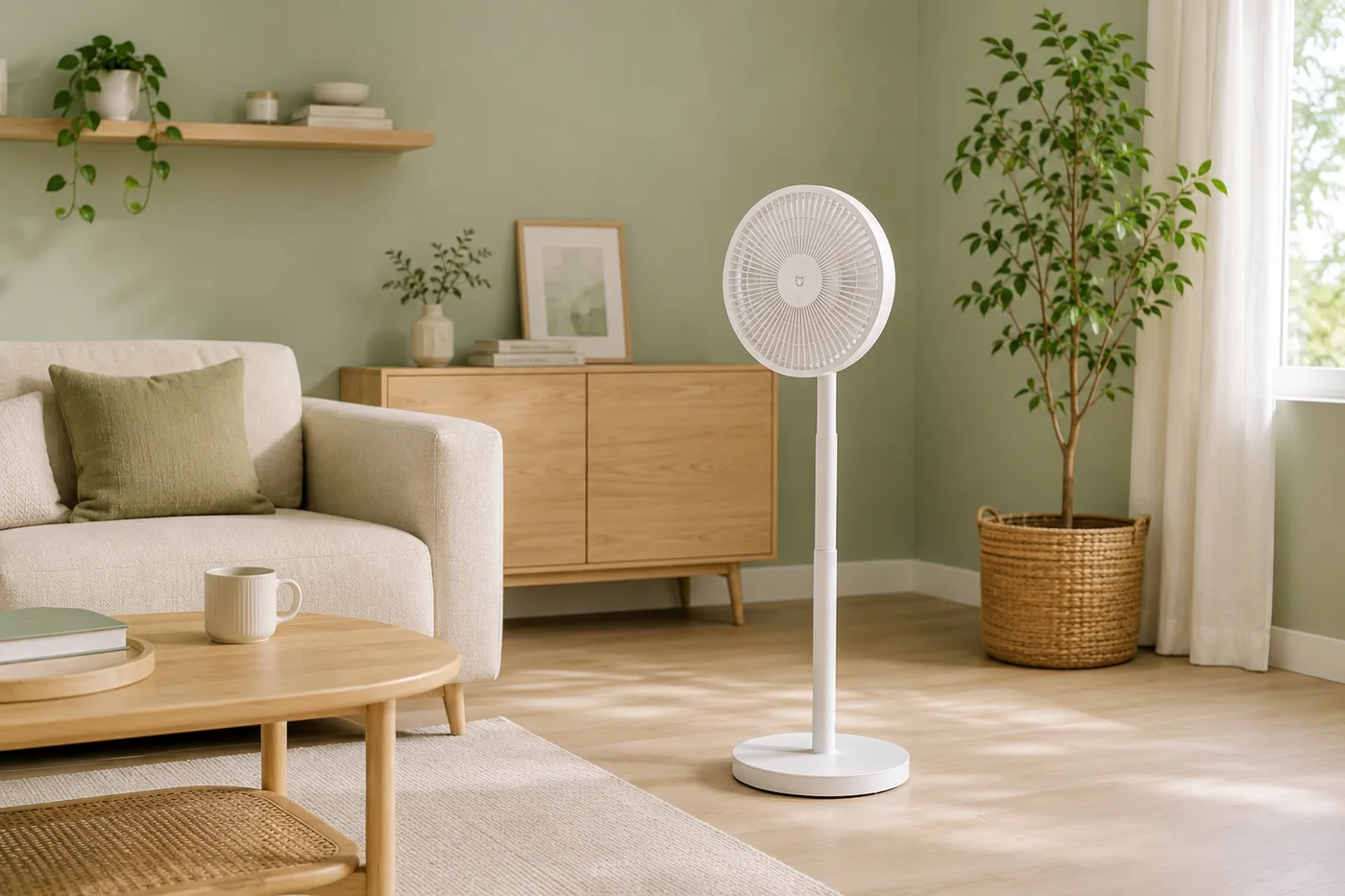 Ventilateur sur pied blanc dans un salon aux murs vert clair, près d'un canapé et d'une plante