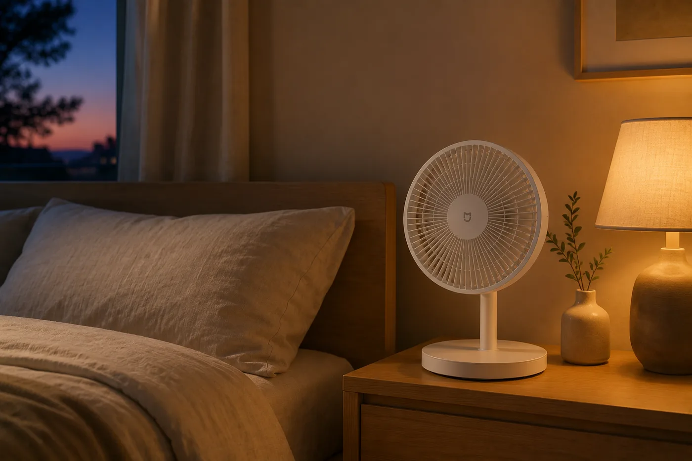 Ventilateur en mode table sur une table de chevet, dans une chambre éclairée par une lampe