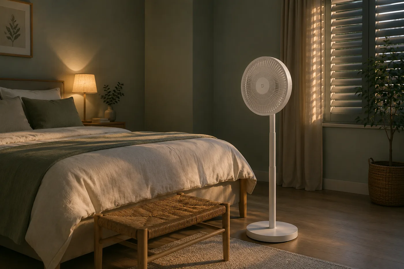 Ventilateur sur pied dans une chambre à la lumière tamisée, près d'un lit fait