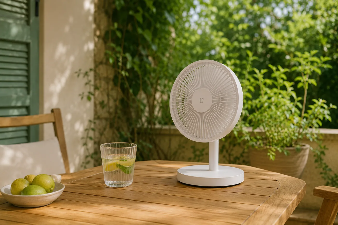 Ventilateur en mode table posé sur une table de terrasse, entouré de végétation