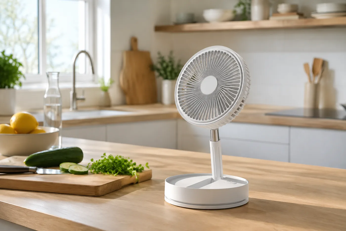 Ventilateur en mode table posé sur un plan de travail de cuisine, près d'une planche à découper