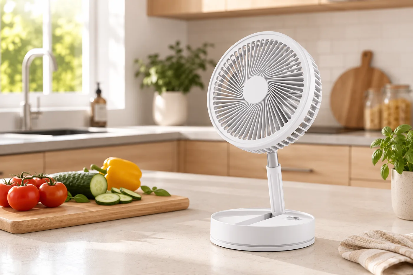 Ventilateur en mode table sur un îlot de cuisine, à côté de légumes frais