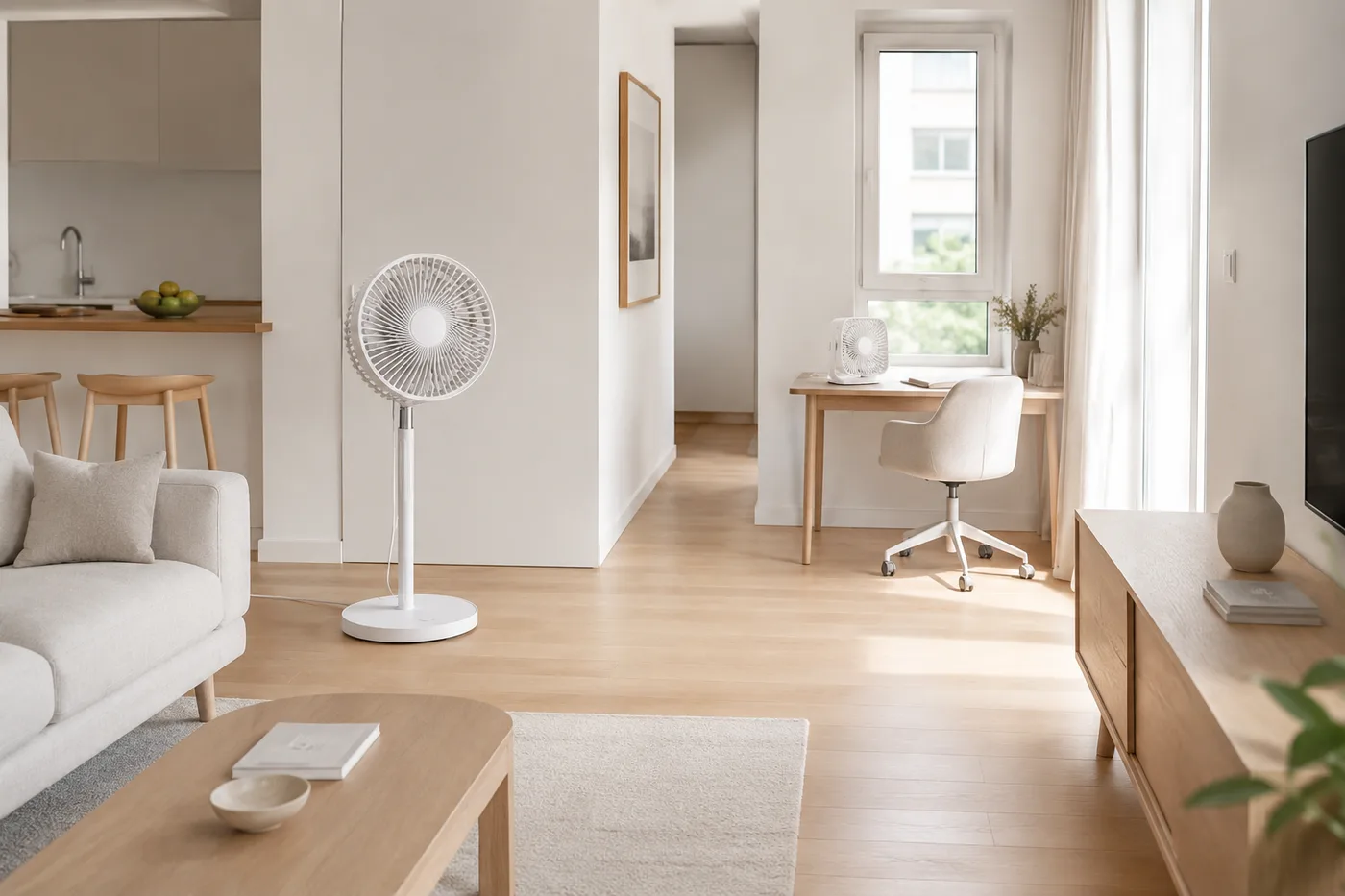 Vue traversante d'un appartement avec le ventilateur sur pied au salon et le petit ventilateur sur un bureau