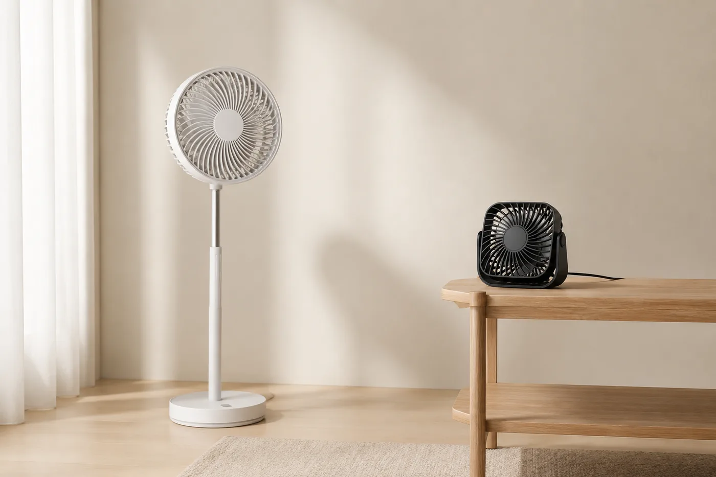 Le ventilateur blanc posé à côté d'un ancien ventilateur noir, pour comparaison