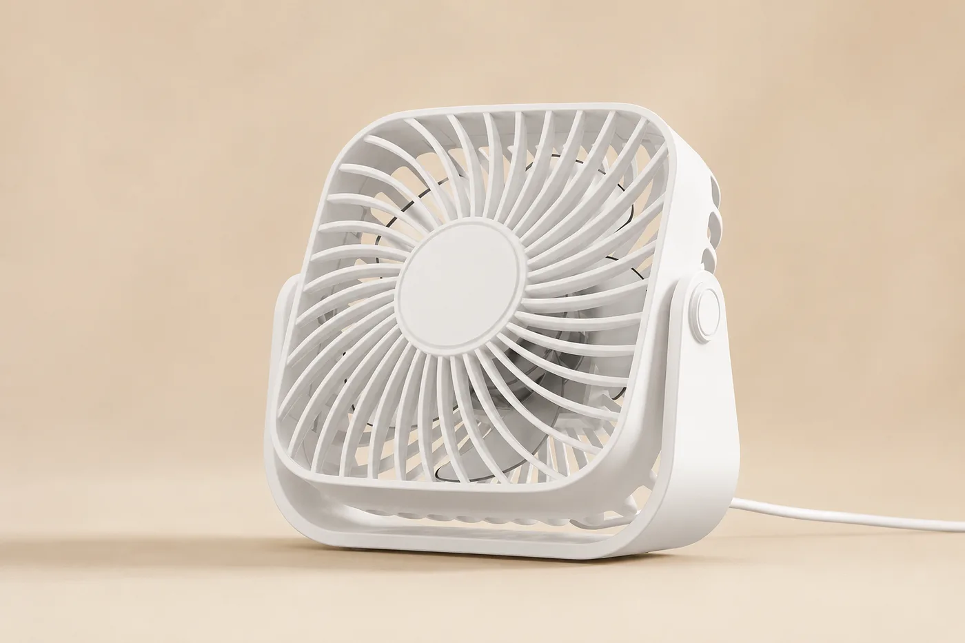 Petit ventilateur de bureau blanc photographié de trois quarts sur fond beige