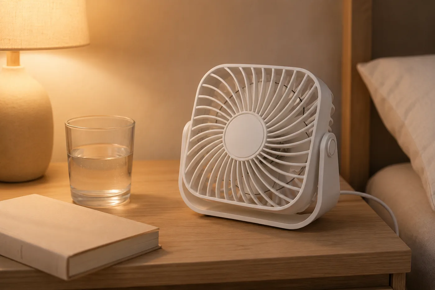 Petit ventilateur de bureau sur une table de chevet, à côté d'une lampe allumée et d'un verre d'eau