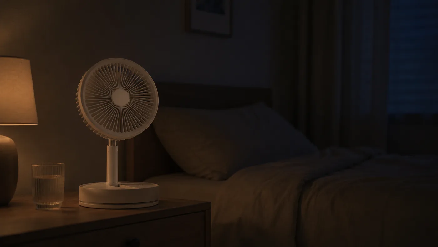 Ventilateur sur pied allumé dans une chambre la nuit, éclairée par une lampe de chevet