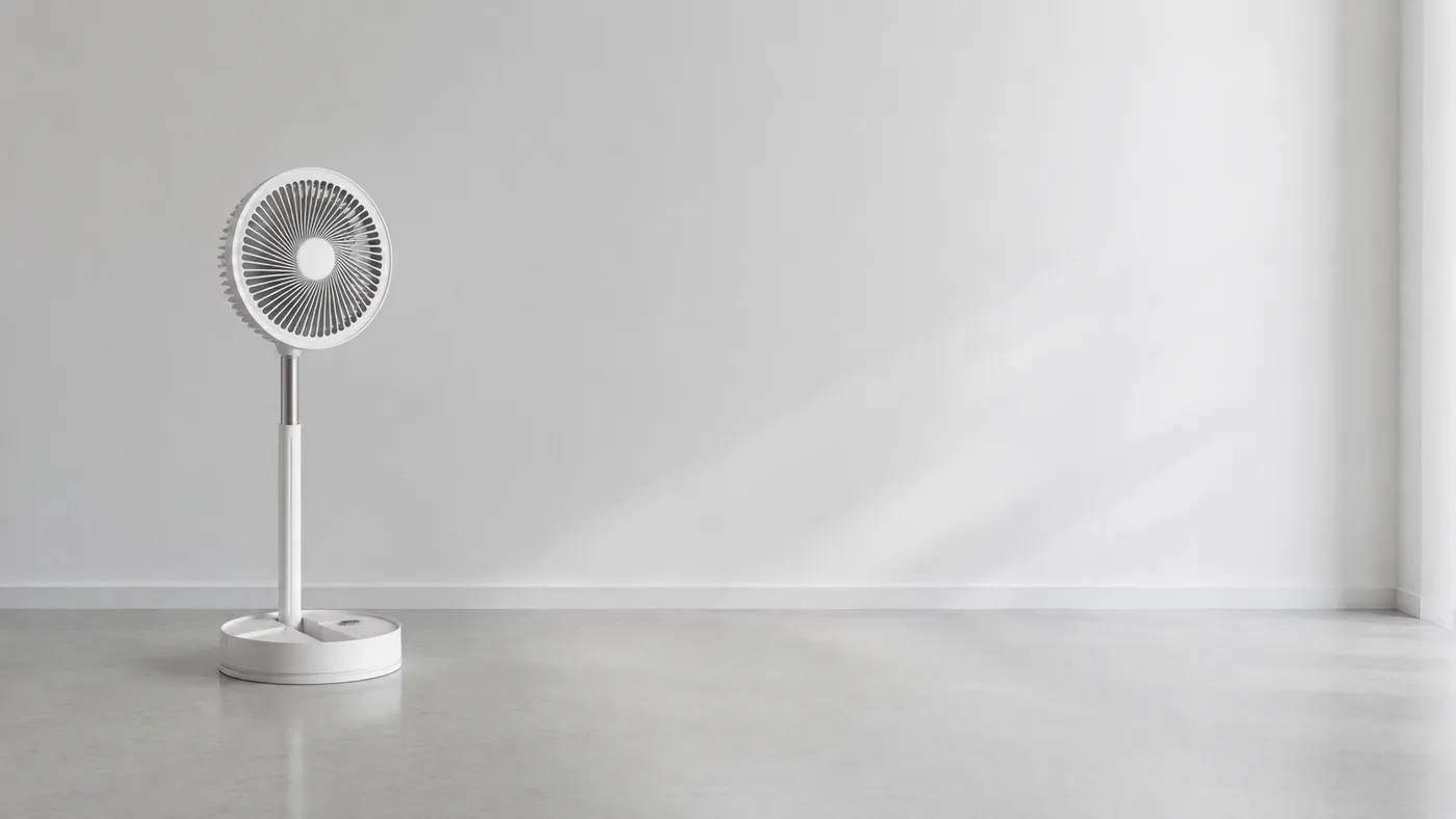 Ventilateur sur pied blanc seul dans un salon minimaliste très lumineux
