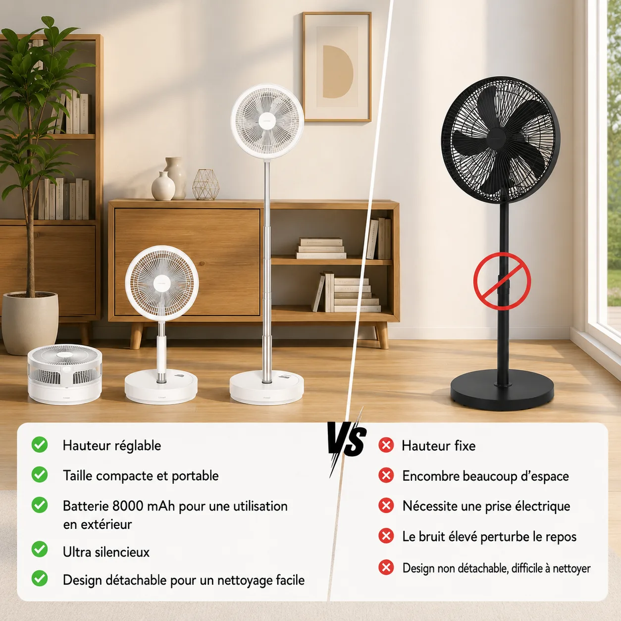 Comparaison entre le ventilateur pliable sans fil et un ventilateur fixe classique