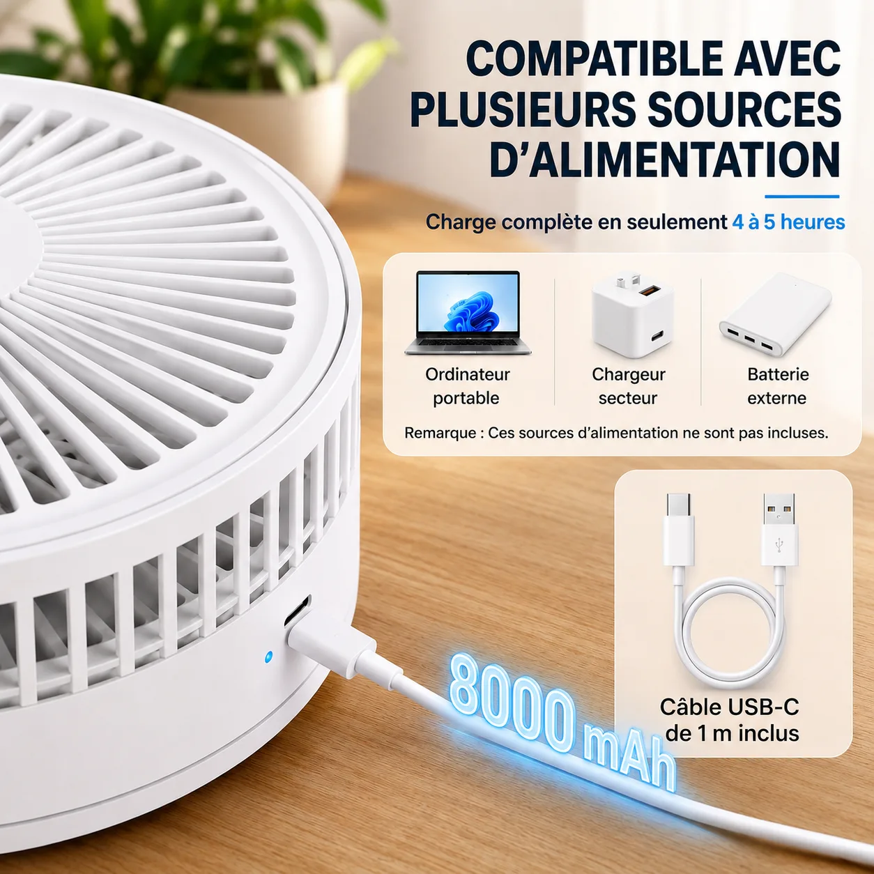 Les différentes sources d'alimentation du ventilateur et son câble USB-C fourni