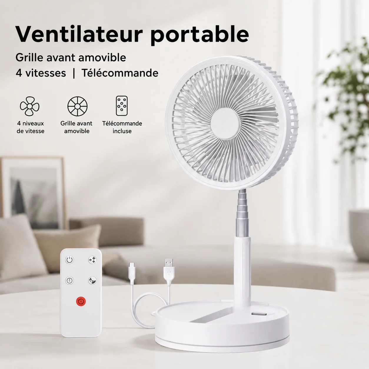 Récapitulatif du ventilateur portable : grille avant amovible, quatre vitesses et télécommande fournie