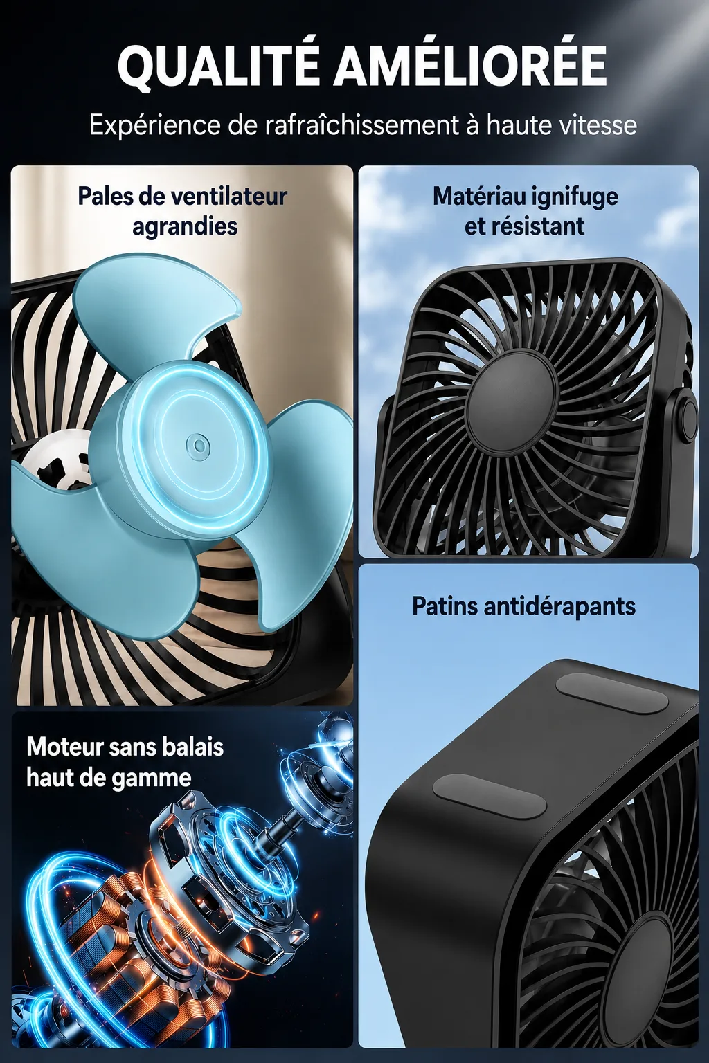 Détails de fabrication : pales élargies, matériau ignifuge, moteur sans balais et patins antidérapants