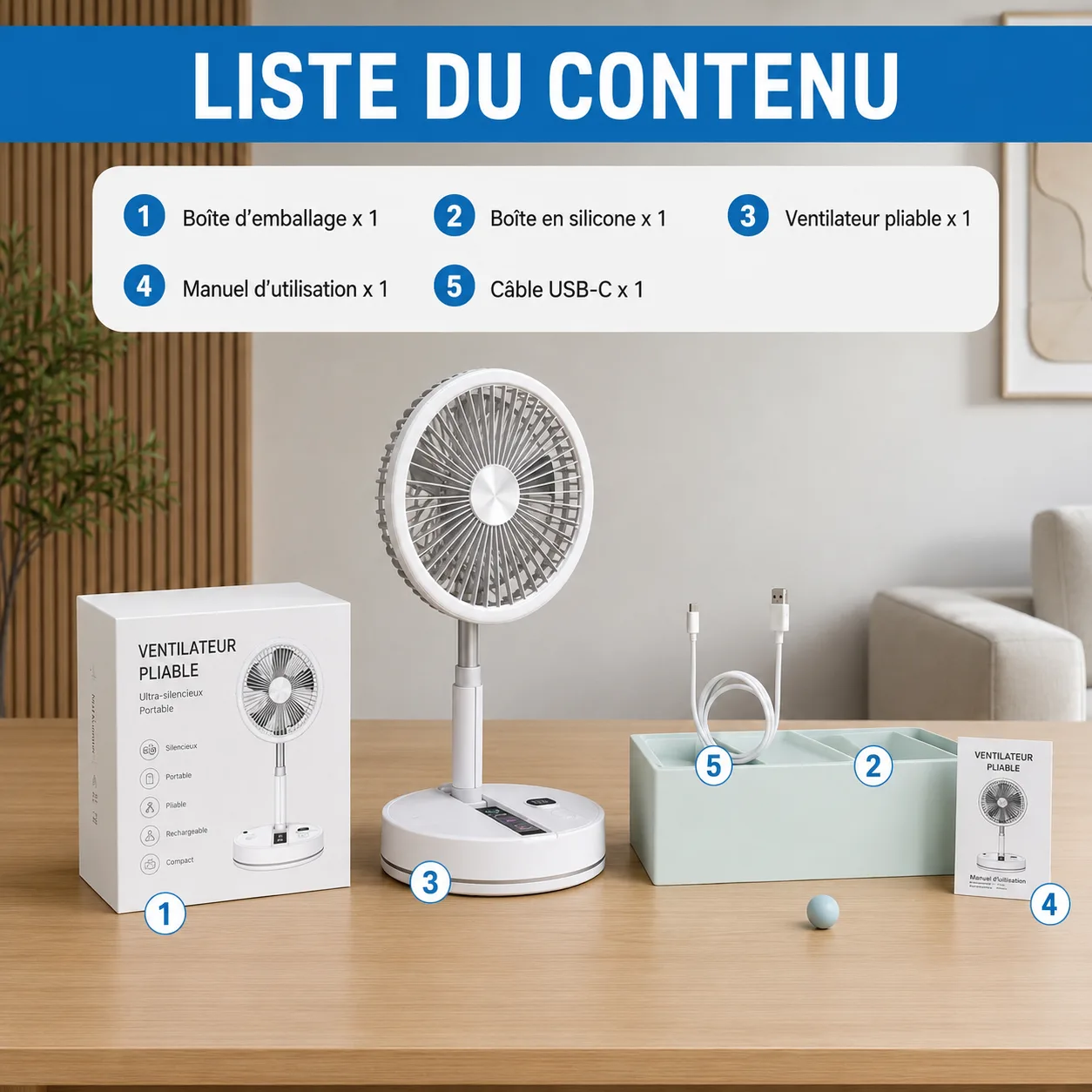 Contenu de la boîte : le ventilateur pliable, son manuel, le câble USB-C et les pièces de rechange