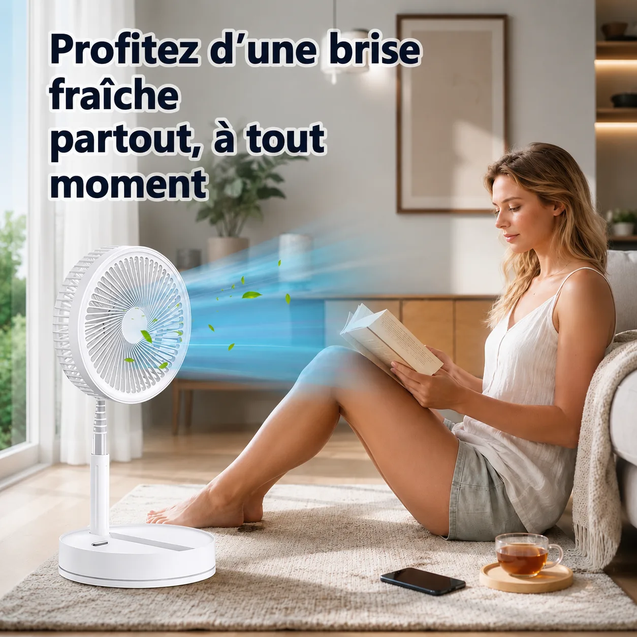 Une femme lit assise au sol, le ventilateur soufflant à côté d'elle