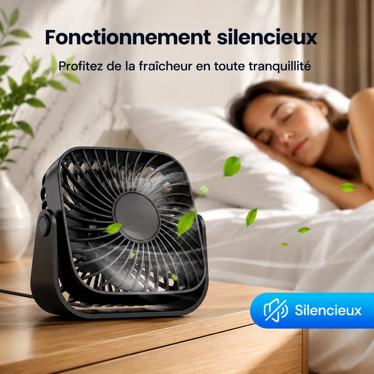 Le petit ventilateur noir soufflant doucement près d'une personne endormie