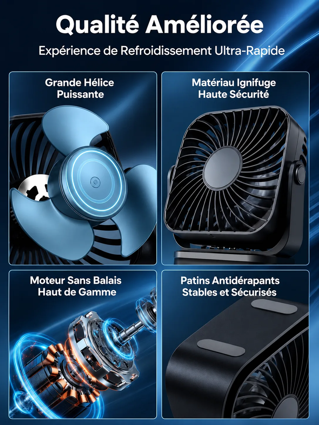 Détails de fabrication du petit ventilateur de bureau : hélice, matériau et moteur sans balais