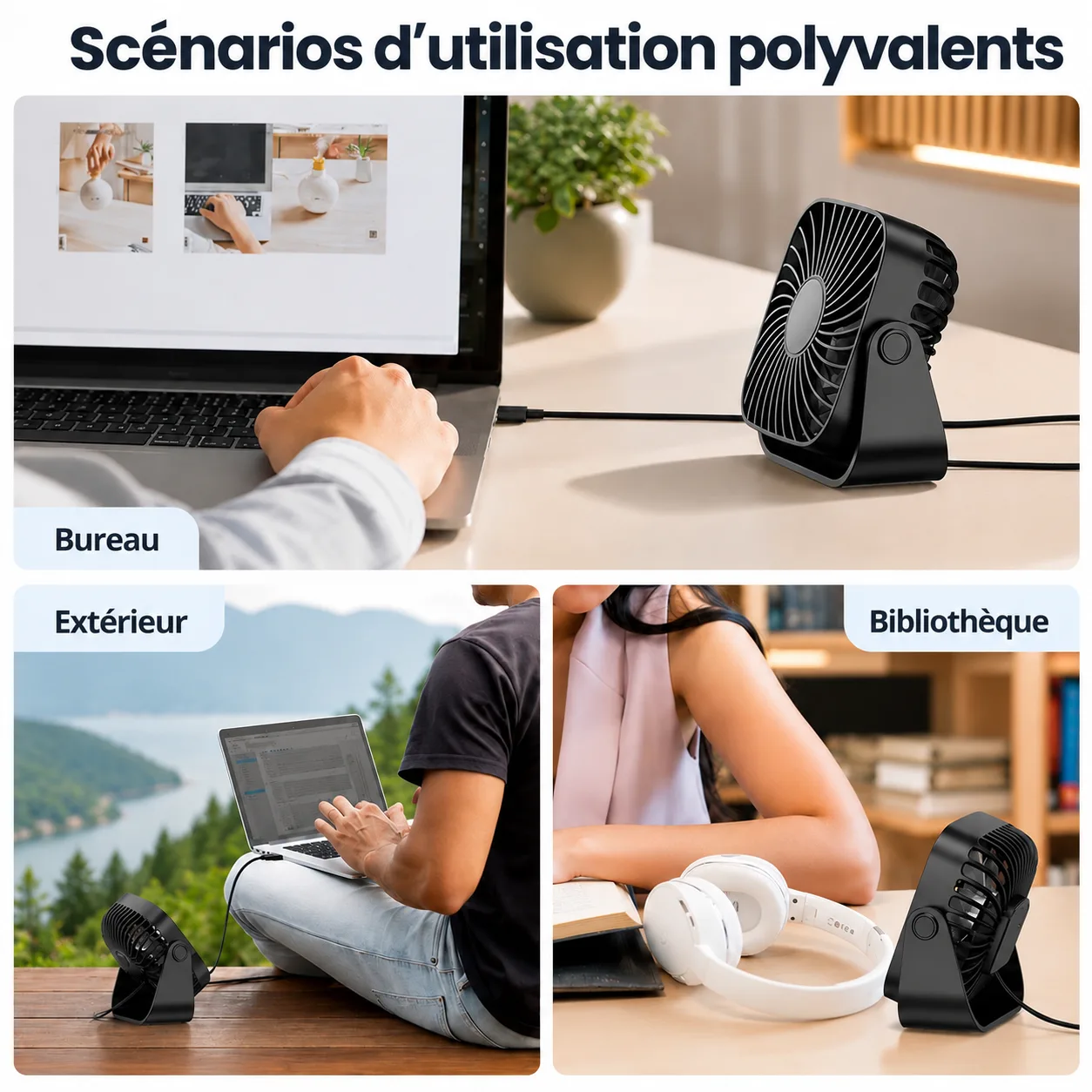 Le petit ventilateur utilisé au bureau, en extérieur sur les genoux et à la bibliothèque