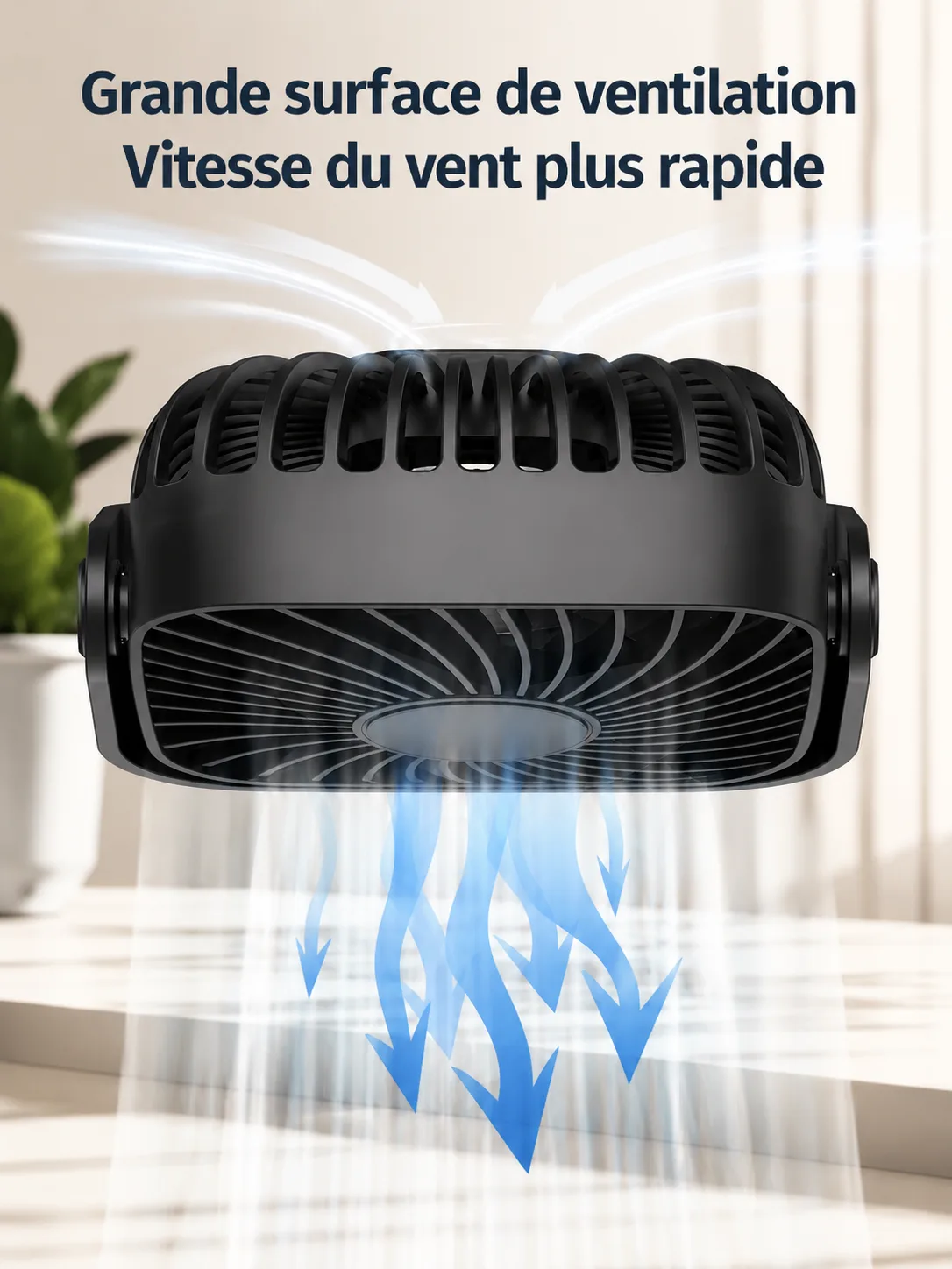 Le petit ventilateur noir et le flux d'air large qu'il diffuse vers le bas